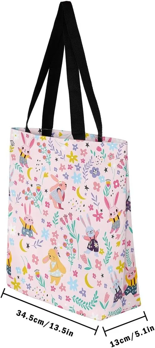 Kawaii Floral Animal Canvas Tote Bag,Cute Cartoon Animal Pink Flower Shopping Grocery Bags