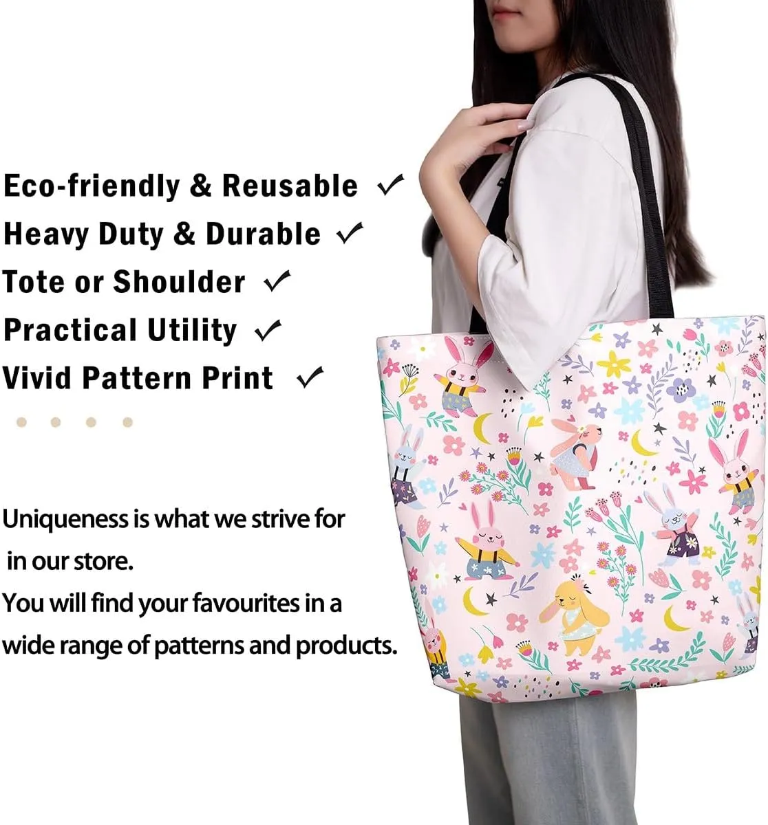 Kawaii Floral Animal Canvas Tote Bag,Cute Cartoon Animal Pink Flower Shopping Grocery Bags