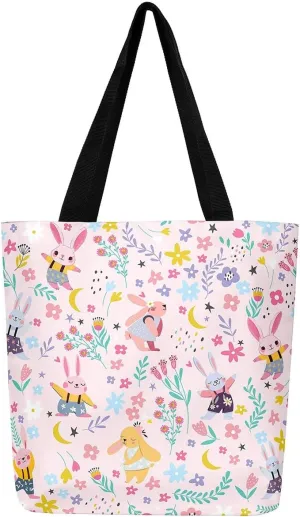 Kawaii Floral Animal Canvas Tote Bag,Cute Cartoon Animal Pink Flower Shopping Grocery Bags
