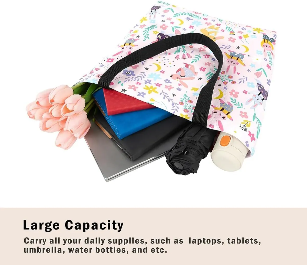 Kawaii Floral Animal Canvas Tote Bag,Cute Cartoon Animal Pink Flower Shopping Grocery Bags