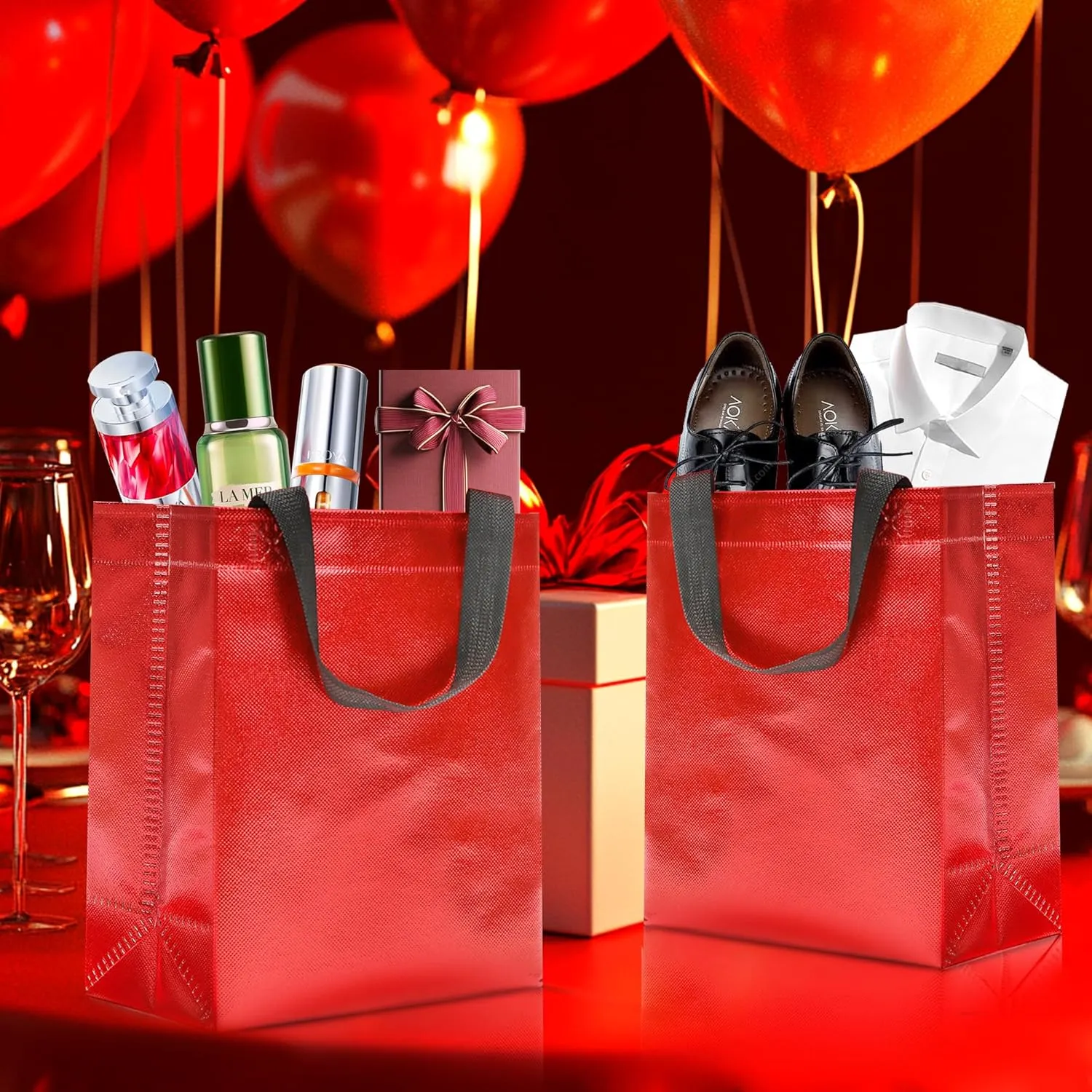 KeerxunBag 12pcs Reusable Gift Bags（Includes Tissue Paper） Gift bag with handle Birthdays Parties Holidays Weddings Medium 10x4x8in red Gift Bags