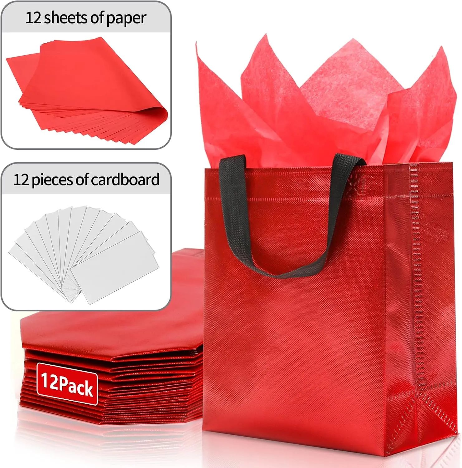 KeerxunBag 12pcs Reusable Gift Bags（Includes Tissue Paper） Gift bag with handle Birthdays Parties Holidays Weddings Medium 10x4x8in red Gift Bags