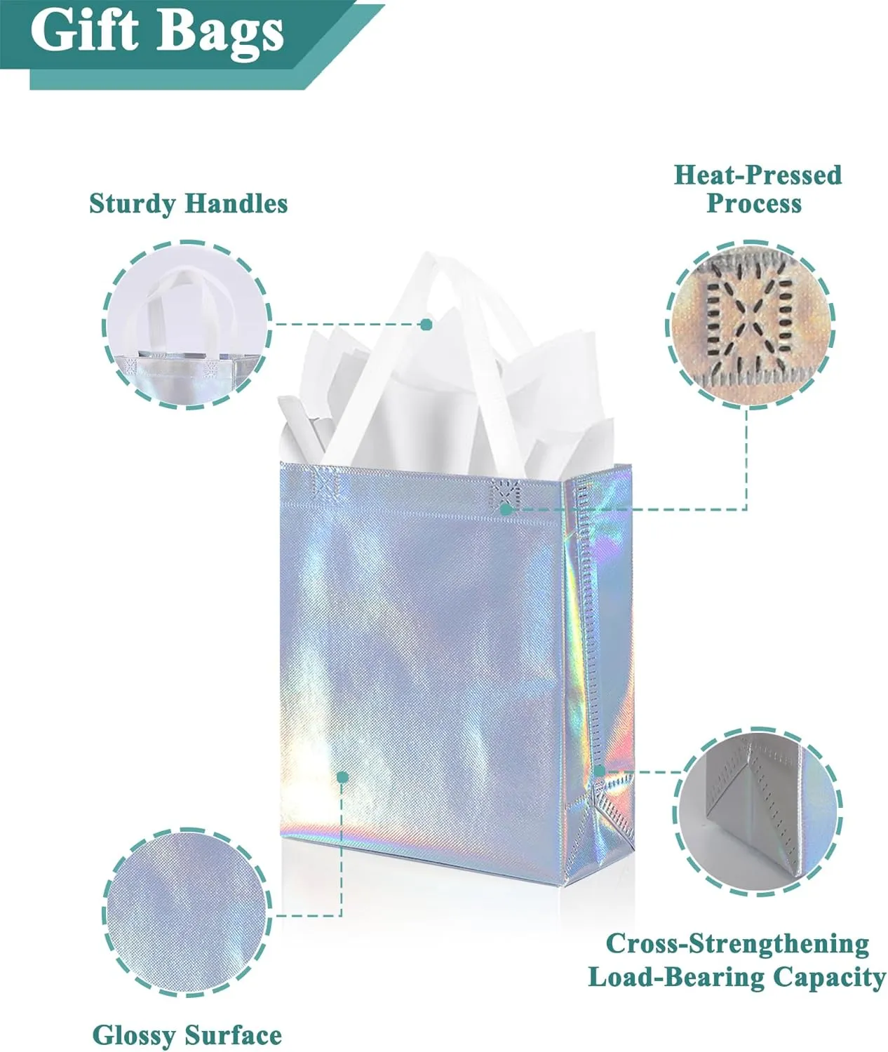 KEYYOOMY 20 Pcs Iridescent Reusable Gift Bags with White Handles Medium Size Reusable Gift Bags with Tissue Paper Party Favor Bag (8x4x10 In, Iridescent, 20 Pcs)