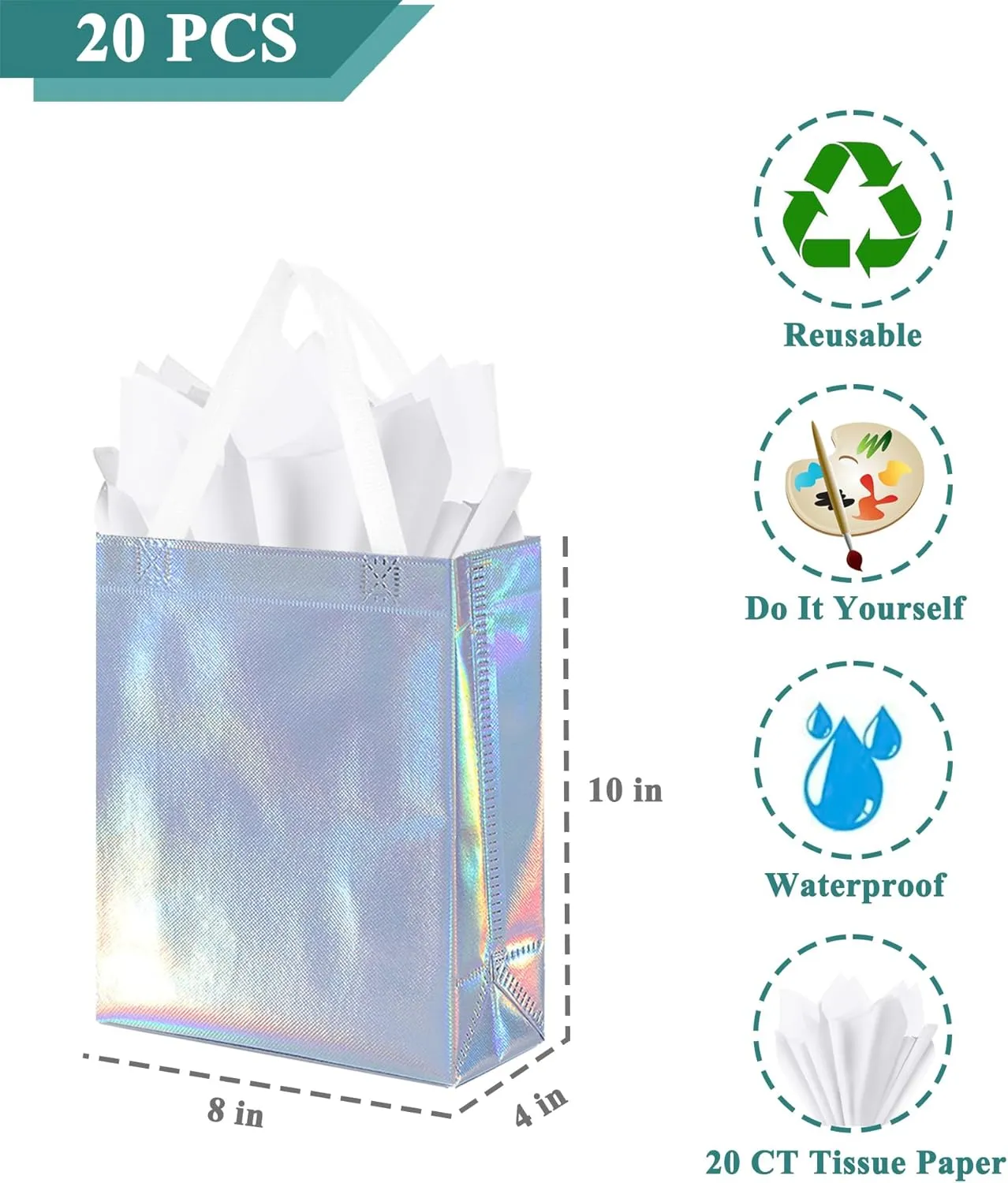 KEYYOOMY 20 Pcs Iridescent Reusable Gift Bags with White Handles Medium Size Reusable Gift Bags with Tissue Paper Party Favor Bag (8x4x10 In, Iridescent, 20 Pcs)