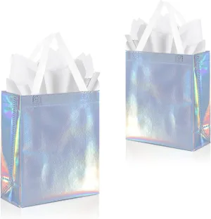 KEYYOOMY 20 Pcs Iridescent Reusable Gift Bags with White Handles Medium Size Reusable Gift Bags with Tissue Paper Party Favor Bag (8x4x10 In, Iridescent, 20 Pcs)