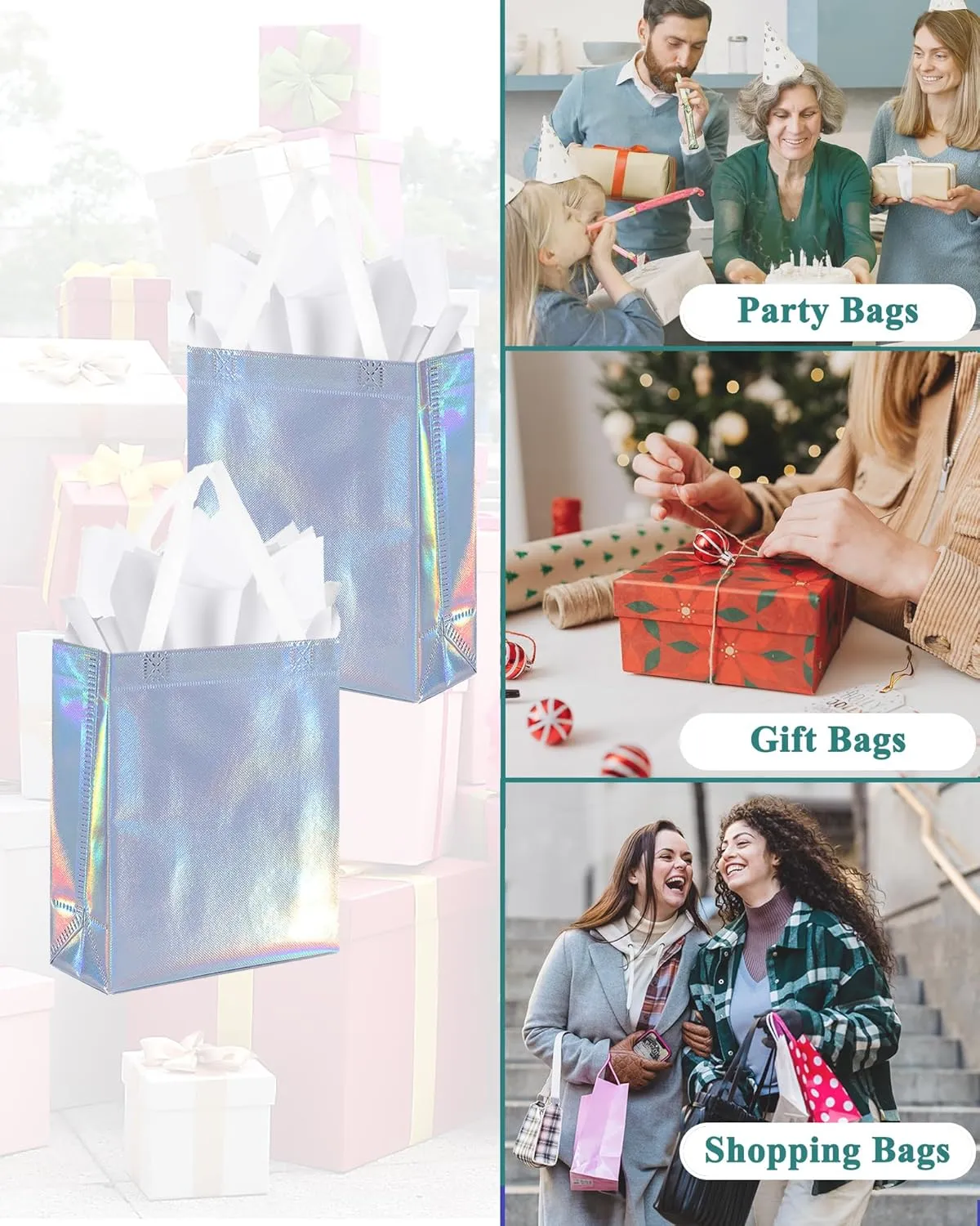 KEYYOOMY 20 Pcs Iridescent Reusable Gift Bags with White Handles Medium Size Reusable Gift Bags with Tissue Paper Party Favor Bag (8x4x10 In, Iridescent, 20 Pcs)