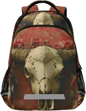 Kids Backpack Feather Skull Bison Print for Travel Daily Use, Lightweight School Bookbag for Boys Girls, Hiking Backpack 11.6x6.9x16.7 IN