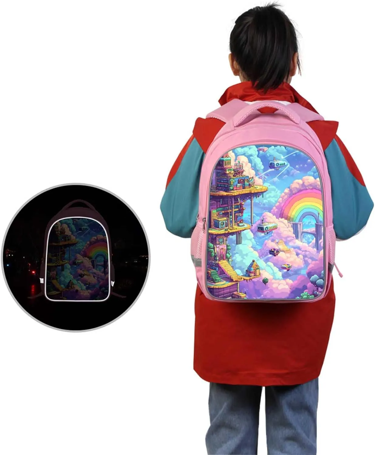 Kids Backpack for Girls, Teens Back Pack for Elementary Primary, Dreamy Rainbow City Print Bookbag, Pink School Bag for Children Students Aged 6 