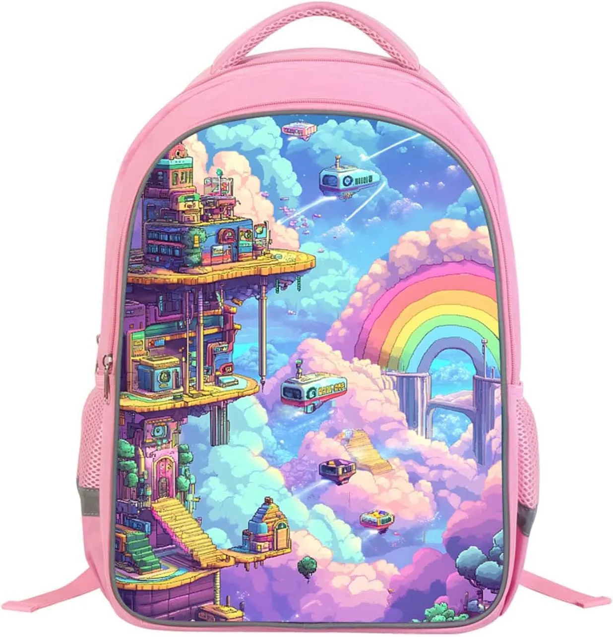 Kids Backpack for Girls, Teens Back Pack for Elementary Primary, Dreamy Rainbow City Print Bookbag, Pink School Bag for Children Students Aged 6 