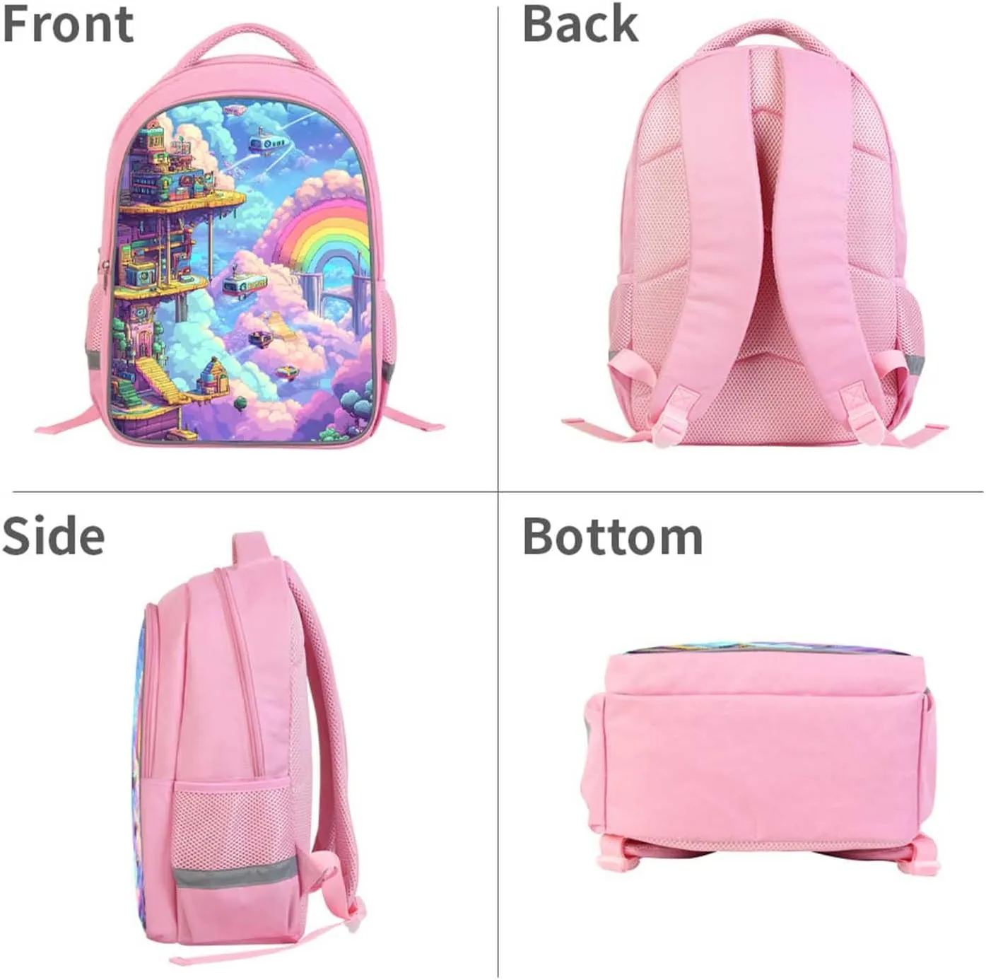 Kids Backpack for Girls, Teens Back Pack for Elementary Primary, Dreamy Rainbow City Print Bookbag, Pink School Bag for Children Students Aged 6 