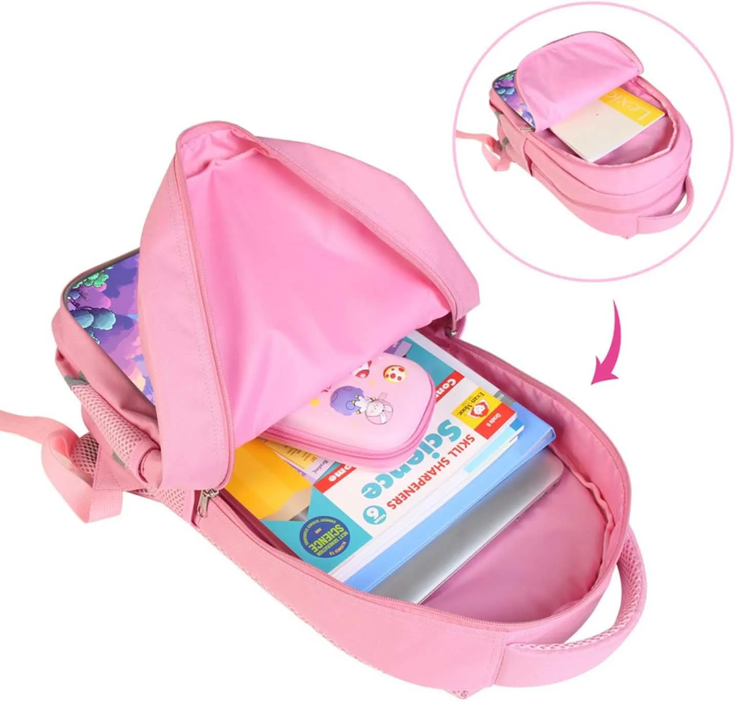 Kids Backpack for Girls, Teens Back Pack for Elementary Primary, Dreamy Rainbow City Print Bookbag, Pink School Bag for Children Students Aged 6 