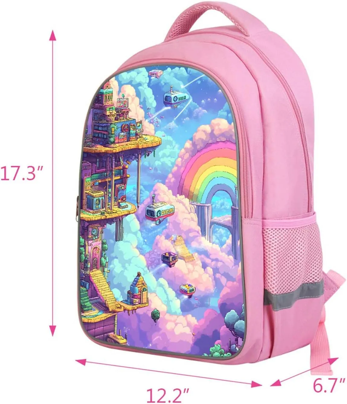 Kids Backpack for Girls, Teens Back Pack for Elementary Primary, Dreamy Rainbow City Print Bookbag, Pink School Bag for Children Students Aged 6 