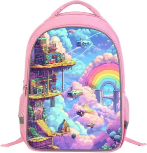 Kids Backpack for Girls, Teens Back Pack for Elementary Primary, Dreamy Rainbow City Print Bookbag, Pink School Bag for Children Students Aged 6 