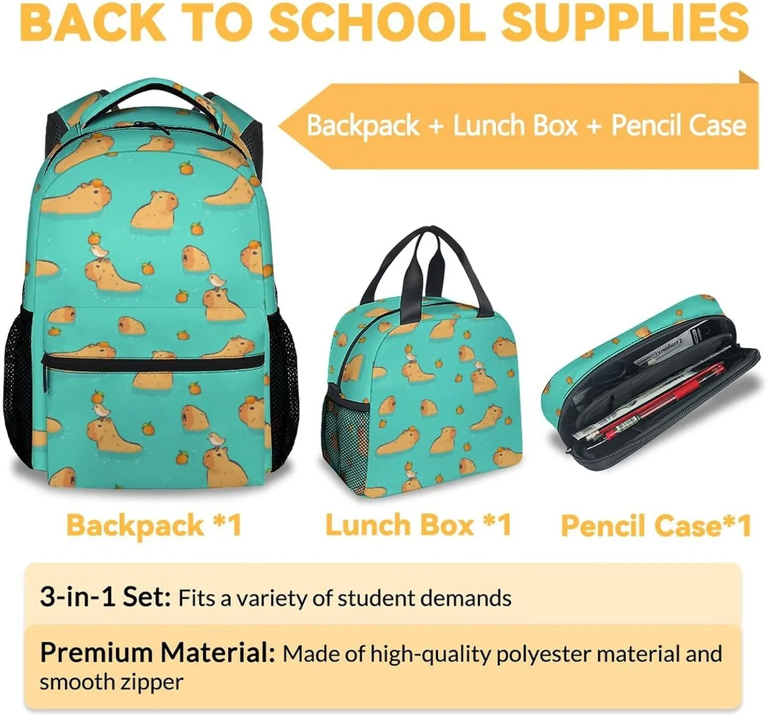 Kids Backpack with Lunch Box, Set of 3 School Backpacks Matching Combo, Cute Green Bookbag and Pencil Case Bundle