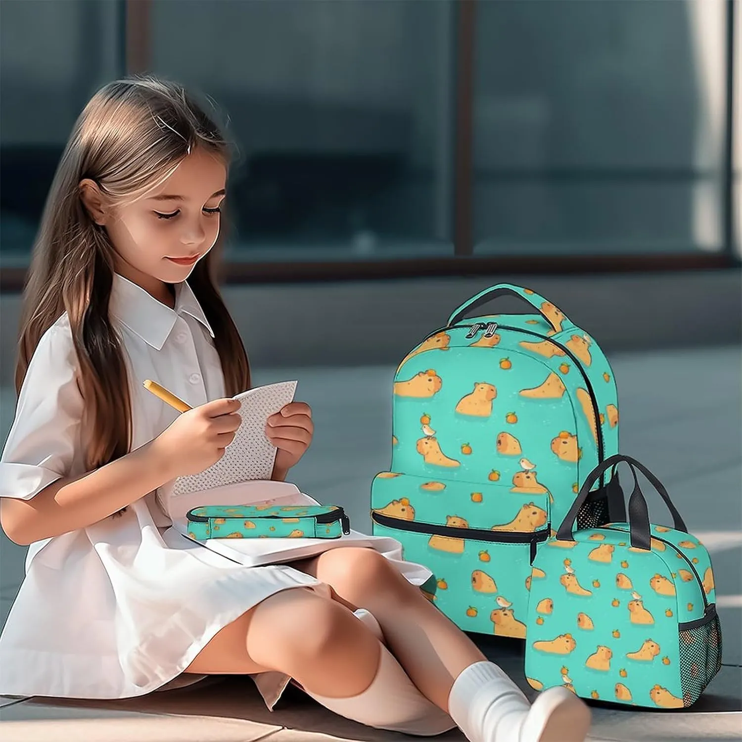 Kids Backpack with Lunch Box, Set of 3 School Backpacks Matching Combo, Cute Green Bookbag and Pencil Case Bundle