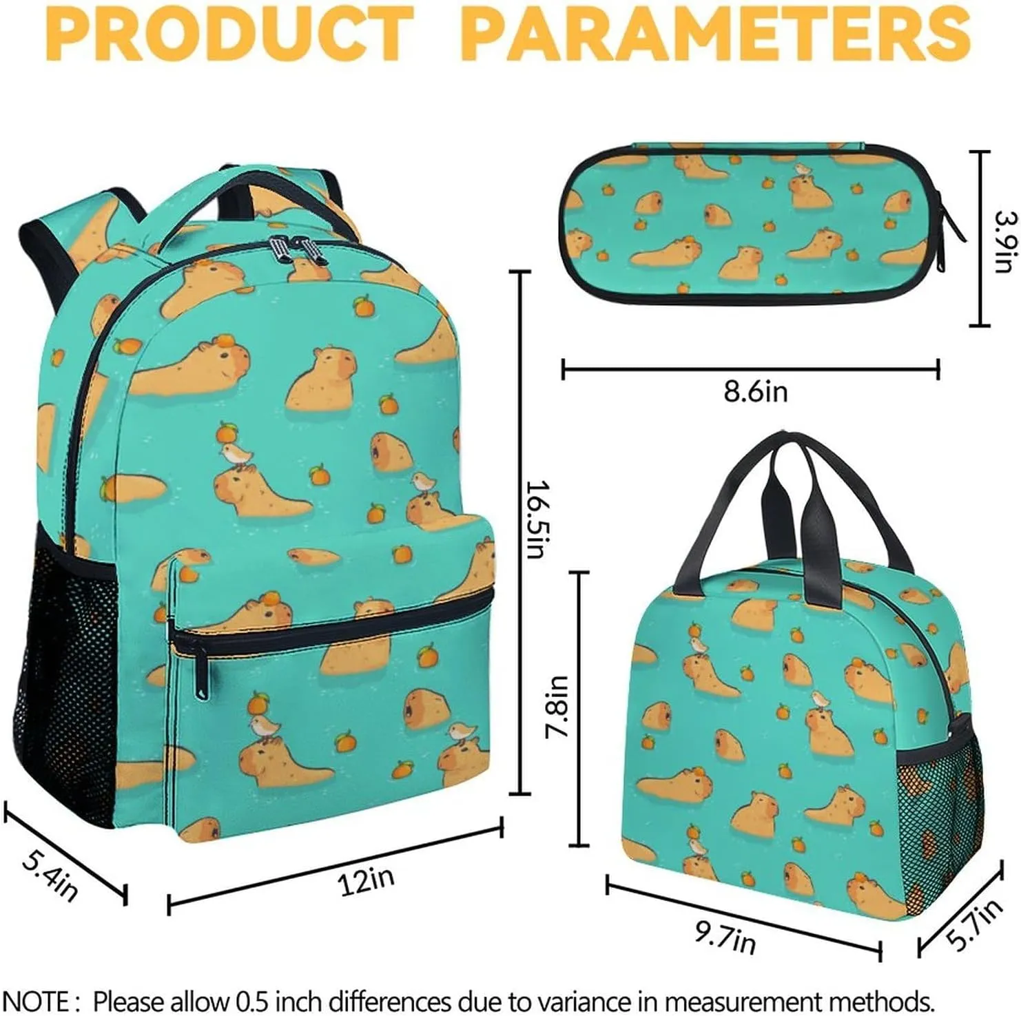 Kids Backpack with Lunch Box, Set of 3 School Backpacks Matching Combo, Cute Green Bookbag and Pencil Case Bundle