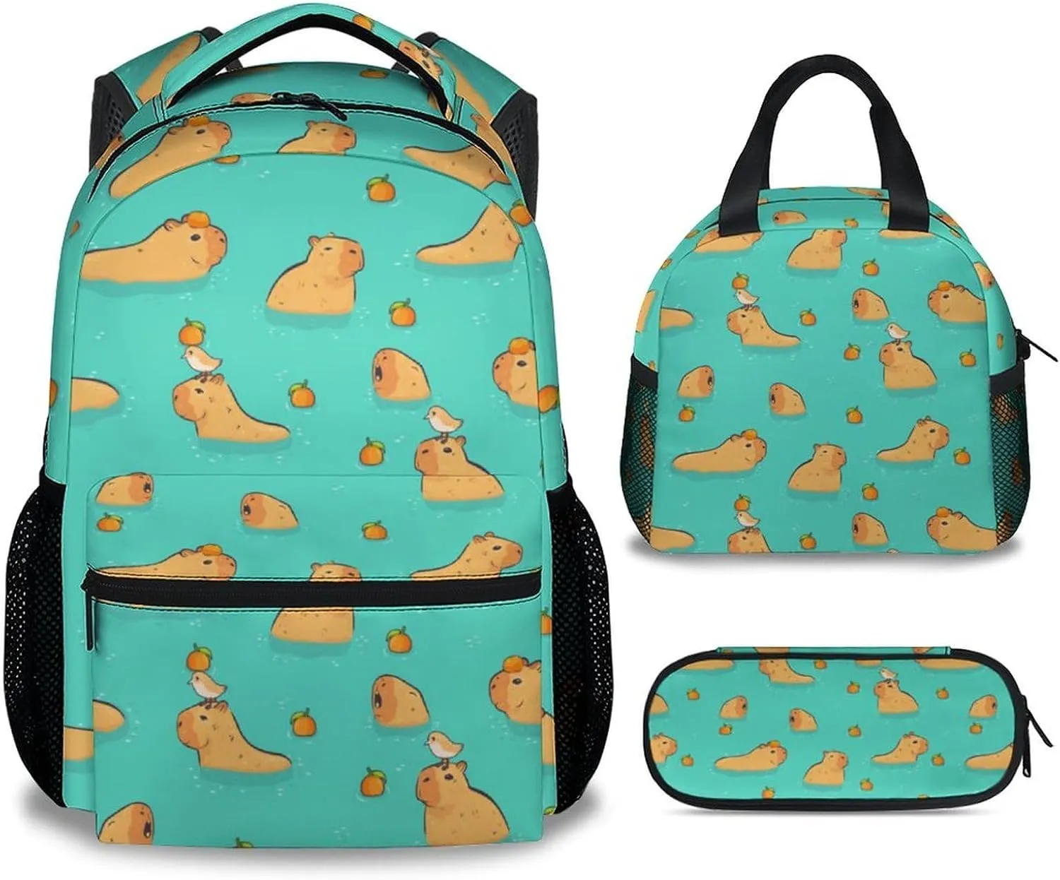 Kids Backpack with Lunch Box, Set of 3 School Backpacks Matching Combo, Cute Green Bookbag and Pencil Case Bundle
