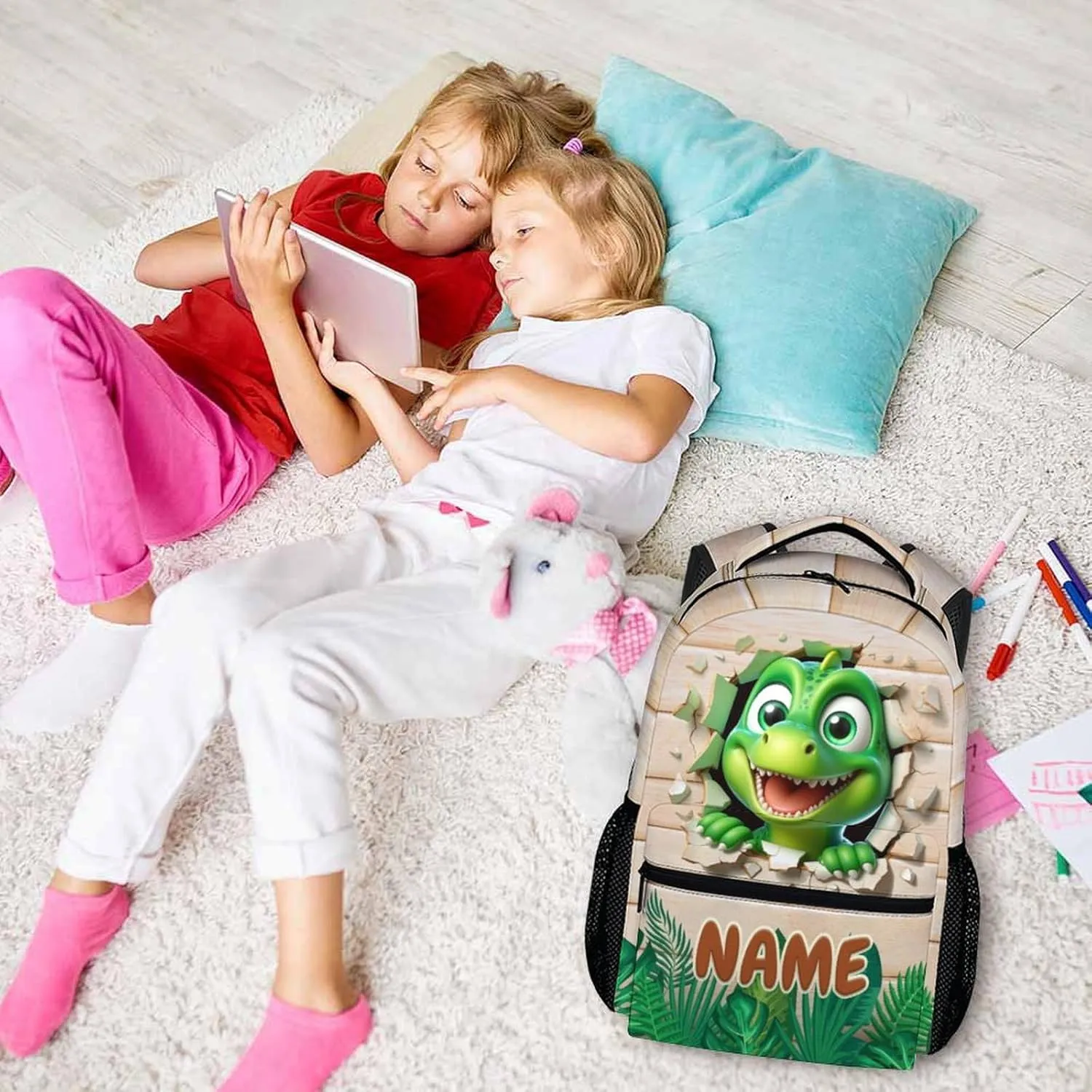 Kids Backpacks for Boys Girls 5-8, Custom Dinosaur Backpack, Cute Dinosaur Gift, 17 Inch Colorful Student Bookbag for Outdoor Hiking Picnic School