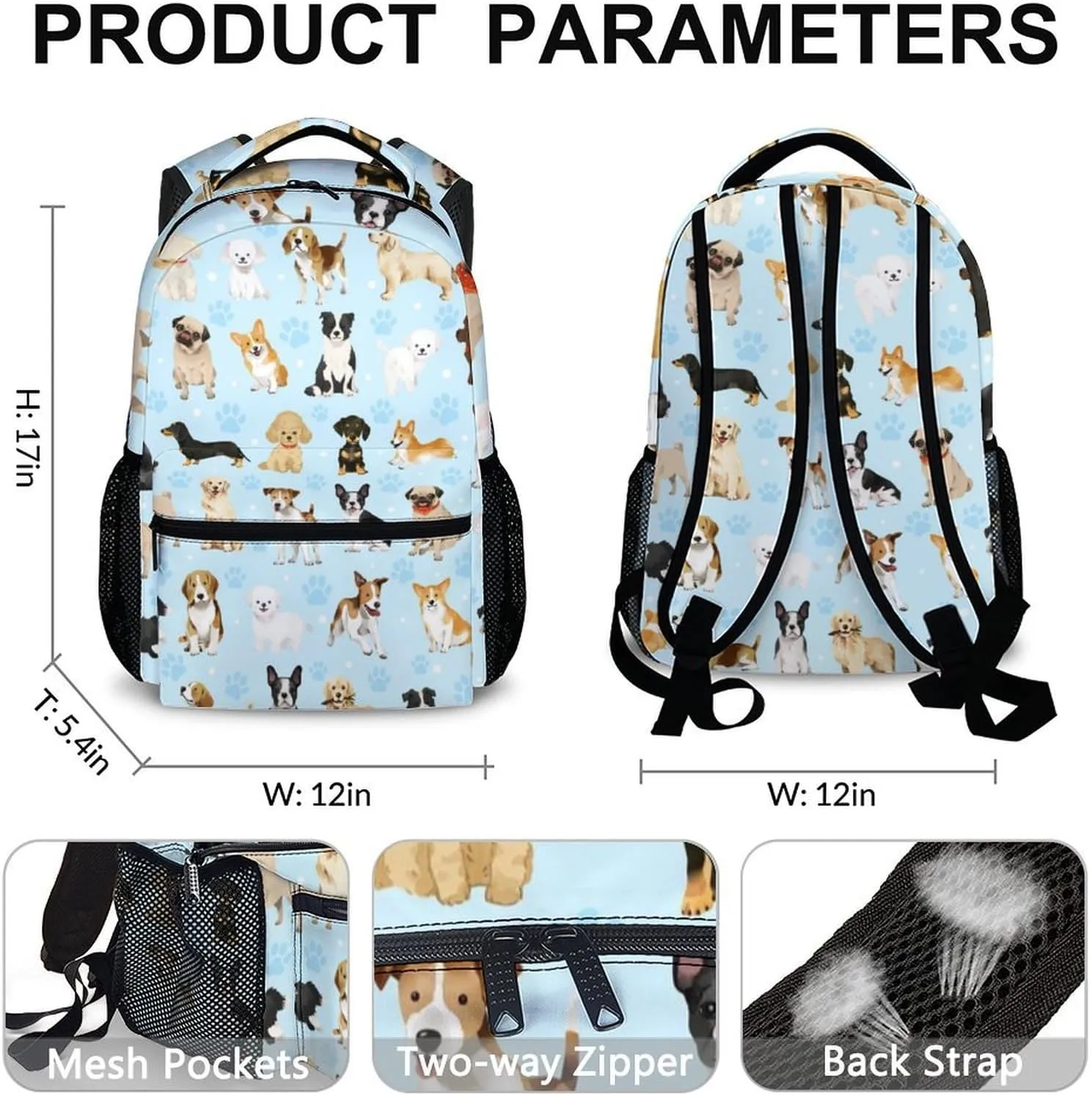 Kids Bookbag for Girls Boys 8-12, Cute Dog School Backpacks for Gift, Dogs Theme Gift, Leisure Boys Girls Bookbag for School Travel Hiking Preschool Elementary Kindergarten