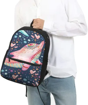 Kids Pink Dolphin Cartoon Backpacks Girls School Bookbag Shoulder Bag 18 Inch Laptop Bag Casual Daypack for 1-5th Grade