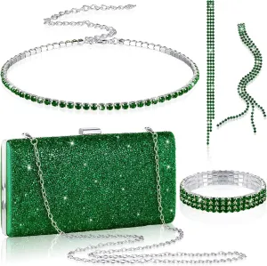 Kigeli 4 Pieces Women Rhinestone Evening Clutch Bag Bling Earring Necklace Bracelet for Wedding Formal