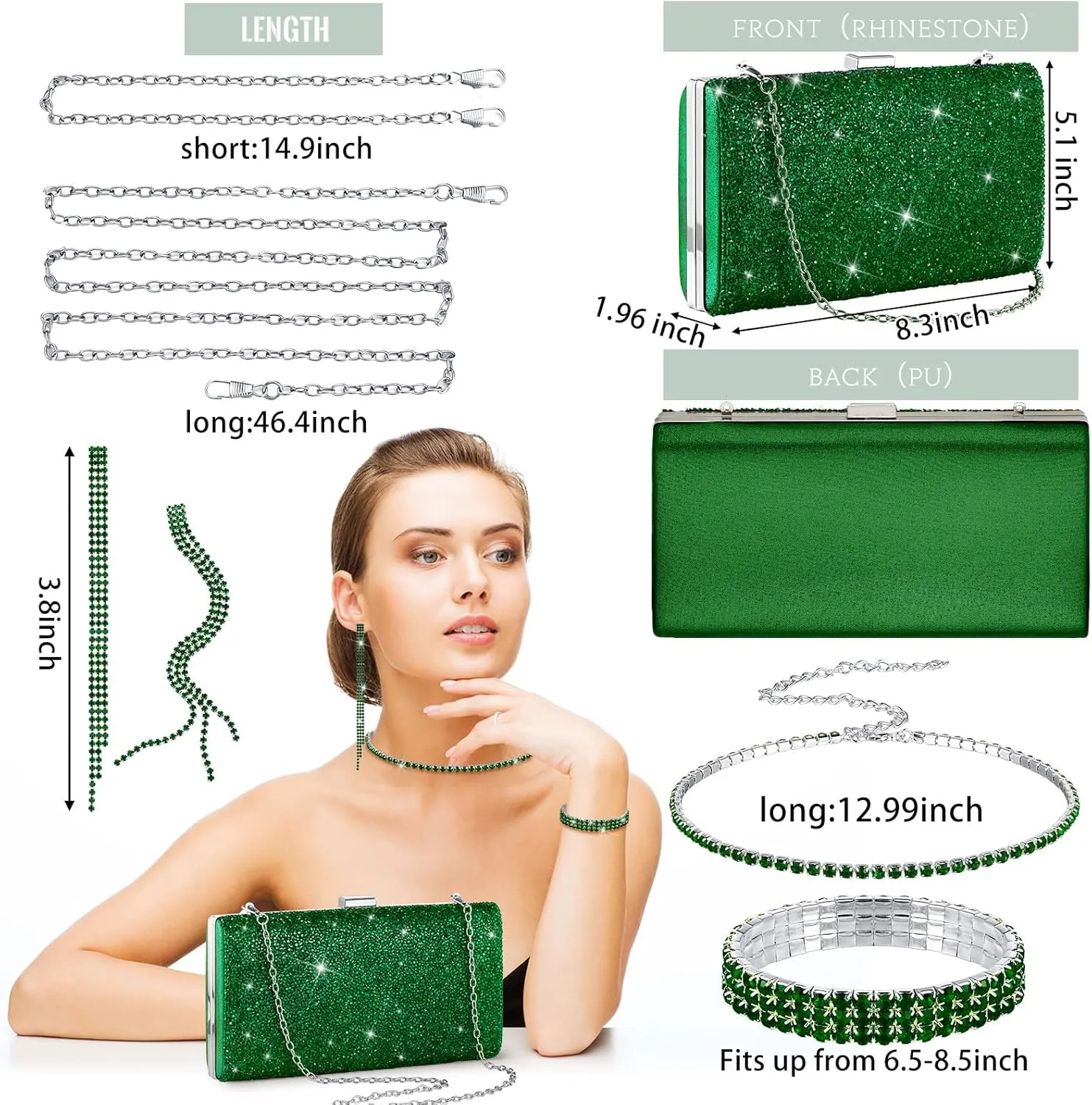 Kigeli 4 Pieces Women Rhinestone Evening Clutch Bag Bling Earring Necklace Bracelet for Wedding Formal