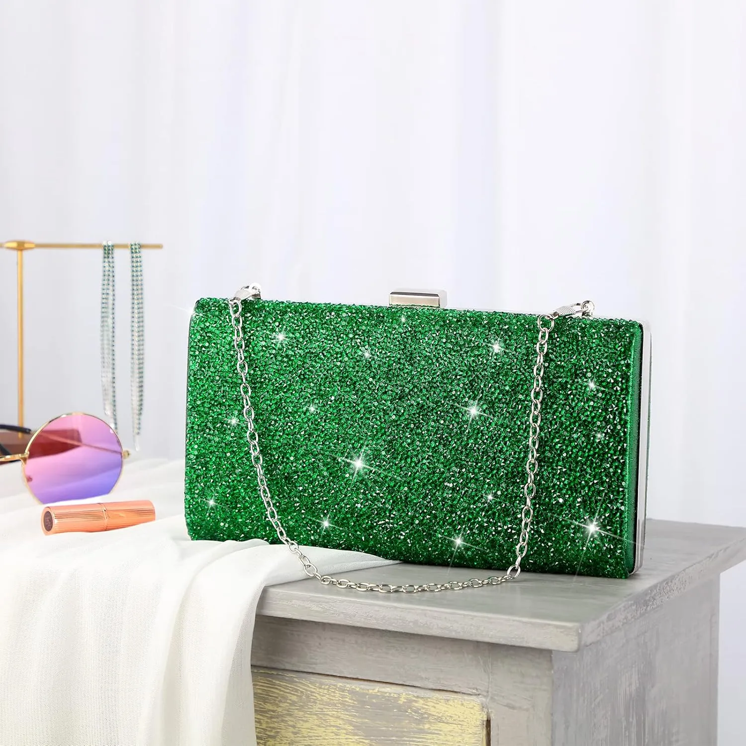 Kigeli 4 Pieces Women Rhinestone Evening Clutch Bag Bling Earring Necklace Bracelet for Wedding Formal