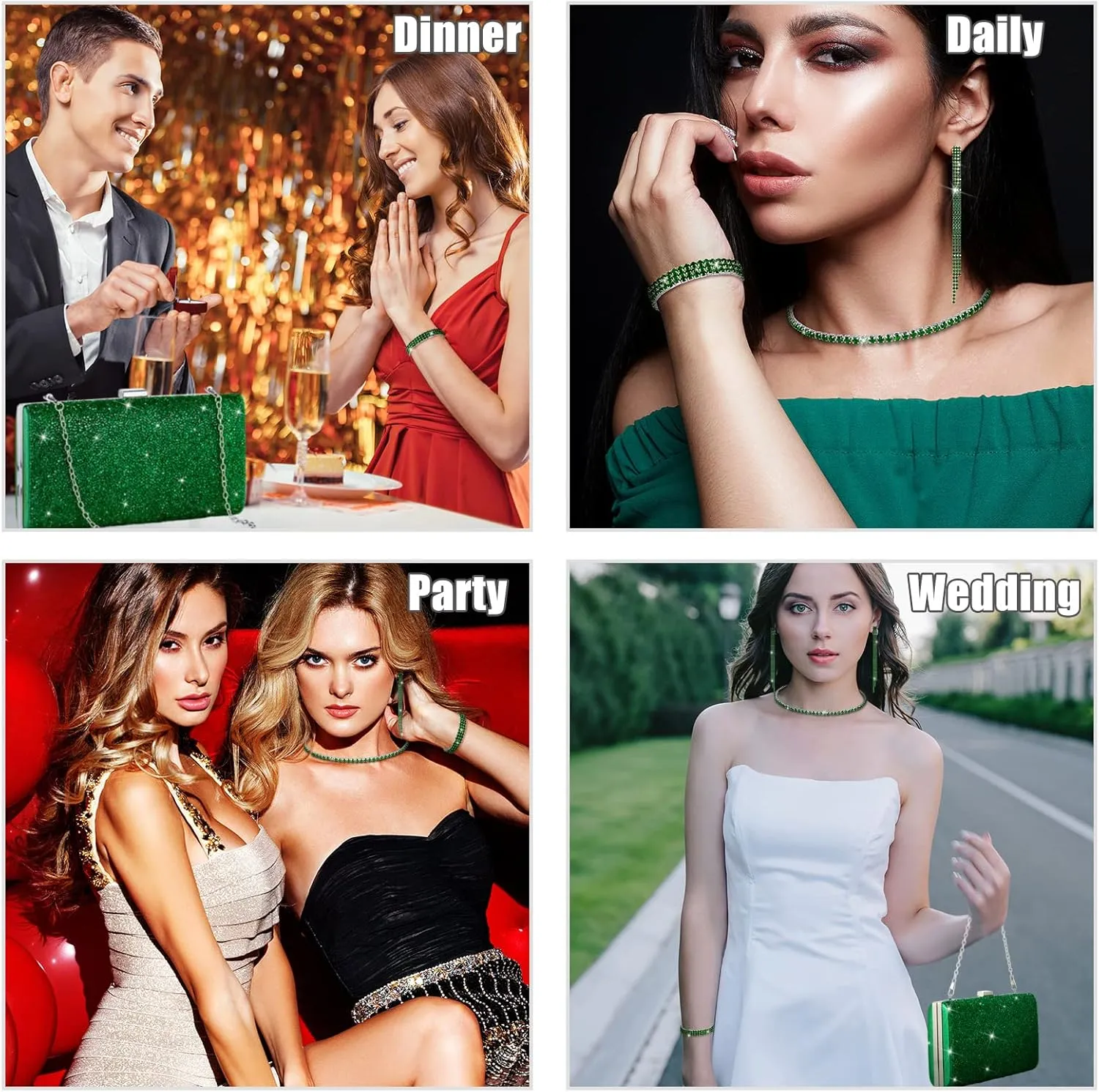 Kigeli 4 Pieces Women Rhinestone Evening Clutch Bag Bling Earring Necklace Bracelet for Wedding Formal