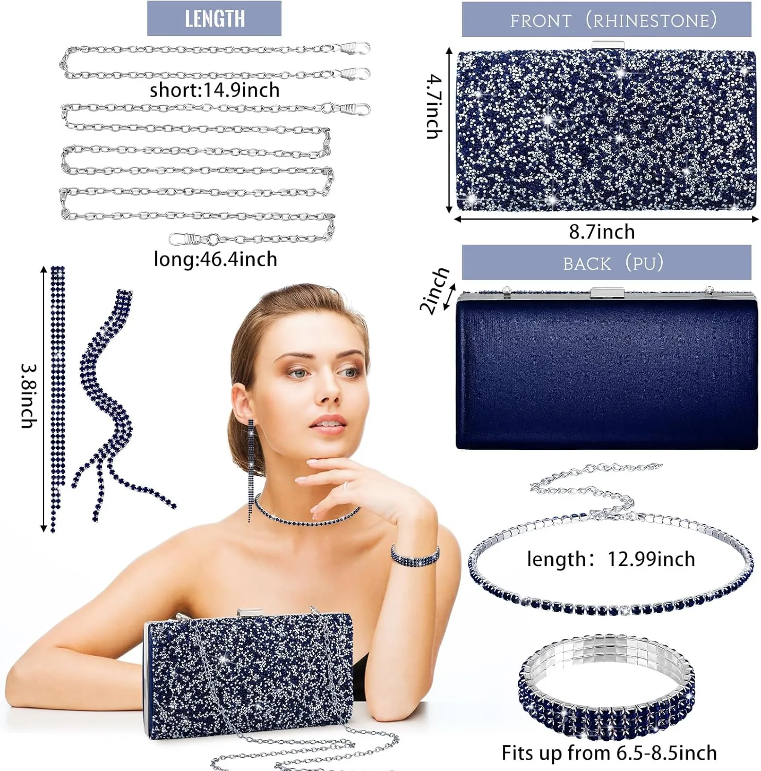 Kigeli 4 Pieces Women Rhinestone Evening Clutch Bag Rhinestone Ear Clip Bridal Wedding Choker Bracelet Dangle Bling Glitter Purse