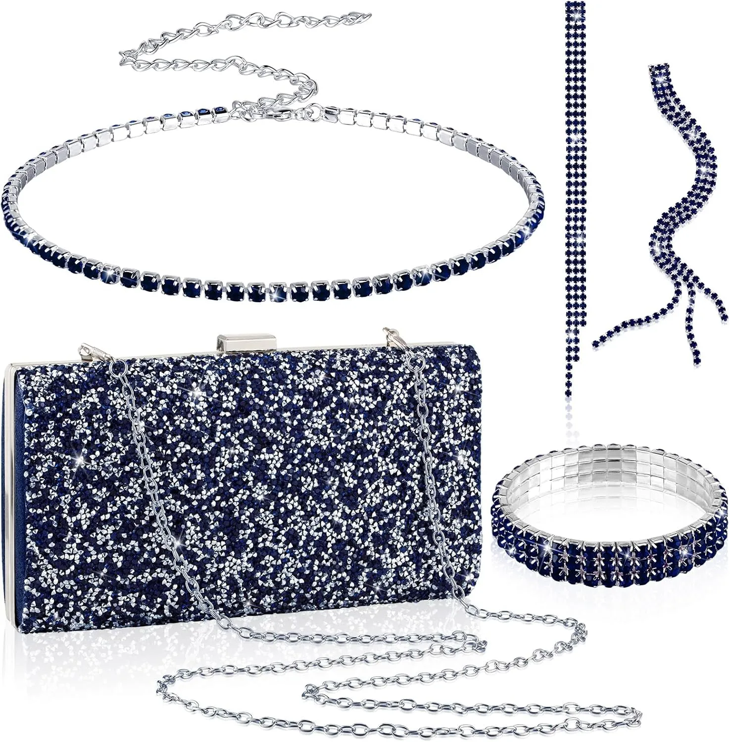 Kigeli 4 Pieces Women Rhinestone Evening Clutch Bag Rhinestone Ear Clip Bridal Wedding Choker Bracelet Dangle Bling Glitter Purse