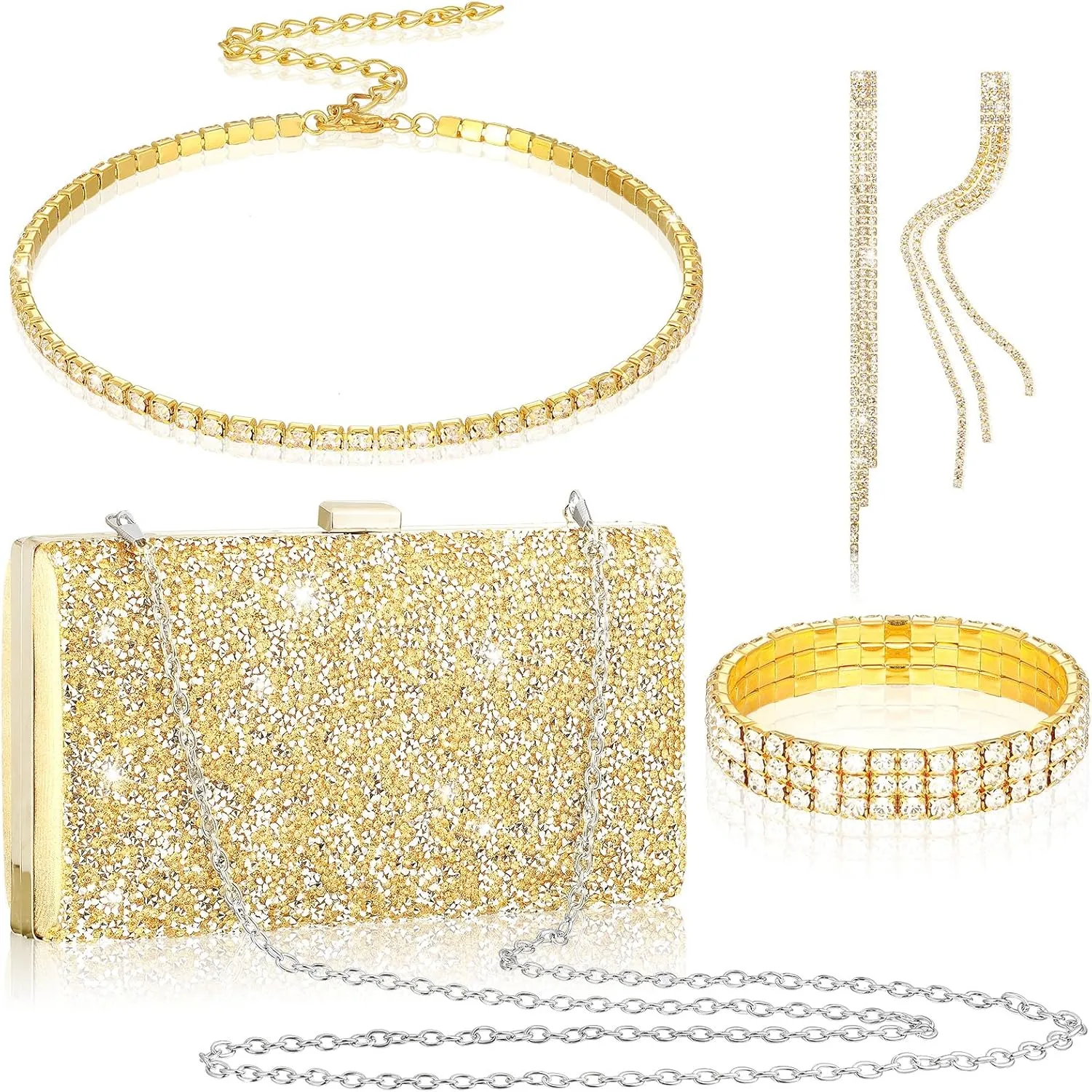Kigeli 4 Pieces Women Rhinestone Evening Clutch Bag Rhinestone Ear Clip Bridal Wedding Choker Bracelet Dangle Bling Glitter Purse