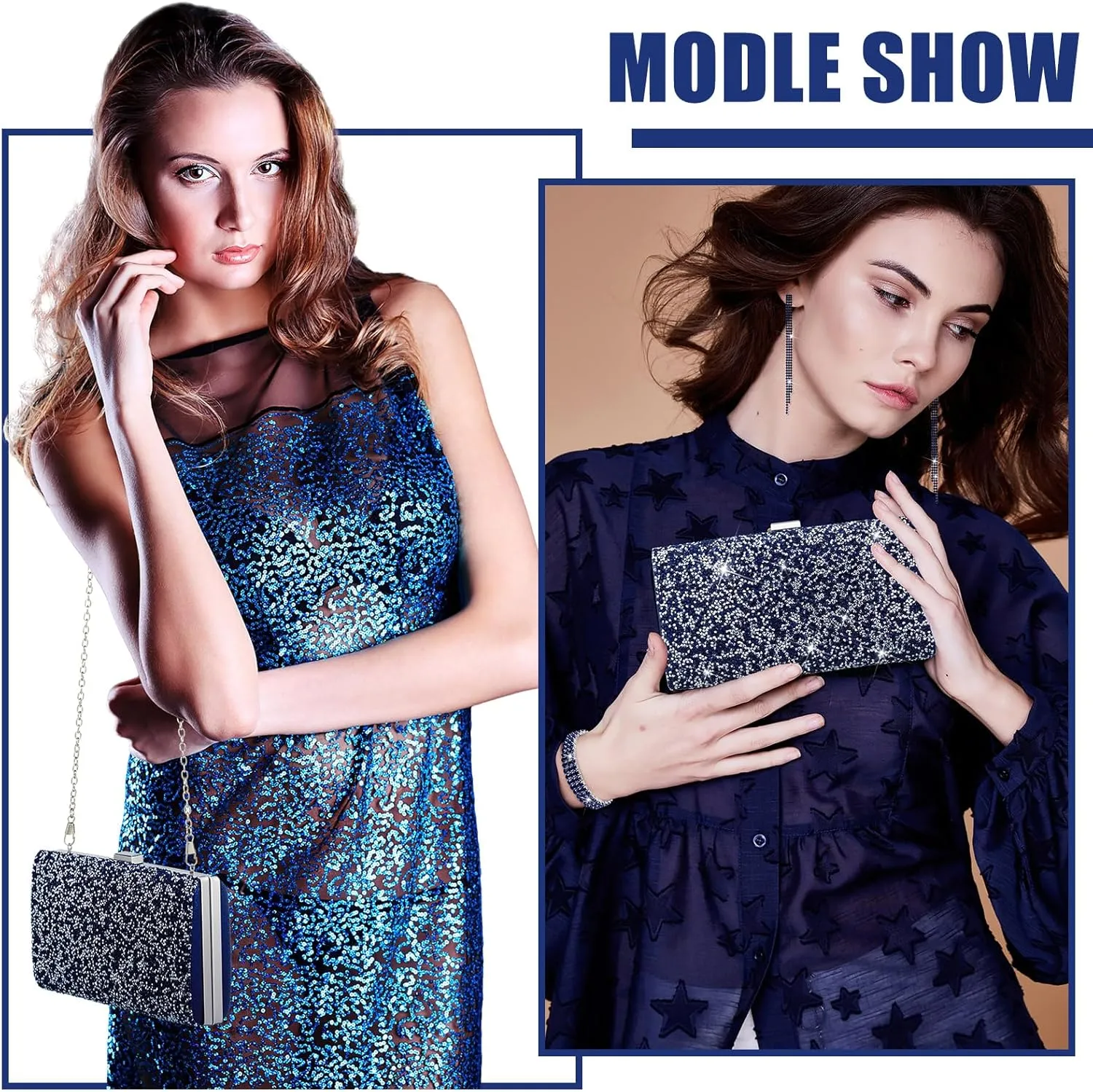 Kigeli 4 Pieces Women Rhinestone Evening Clutch Bag Rhinestone Ear Clip Bridal Wedding Choker Bracelet Dangle Bling Glitter Purse
