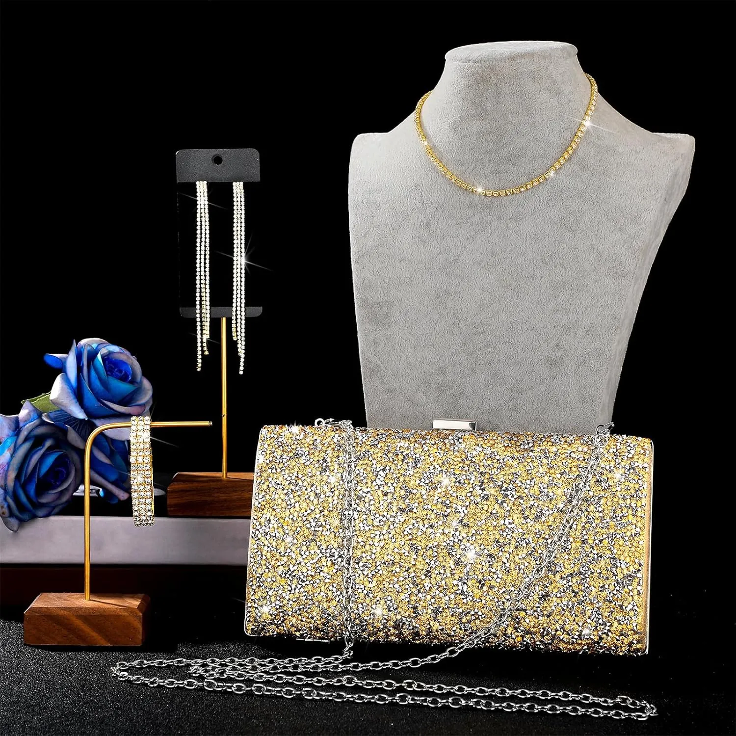 Kigeli 4 Pieces Women Rhinestone Evening Clutch Bag Rhinestone Ear Clip Bridal Wedding Choker Bracelet Dangle Bling Glitter Purse