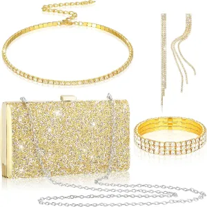 Kigeli 4 Pieces Women Rhinestone Evening Clutch Bag Rhinestone Ear Clip Bridal Wedding Choker Bracelet Dangle Bling Glitter Purse