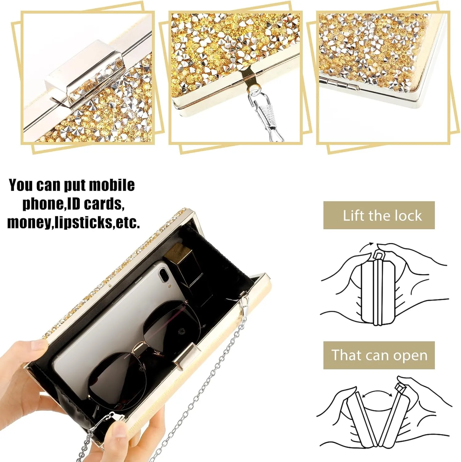 Kigeli 4 Pieces Women Rhinestone Evening Clutch Bag Rhinestone Ear Clip Bridal Wedding Choker Bracelet Dangle Bling Glitter Purse