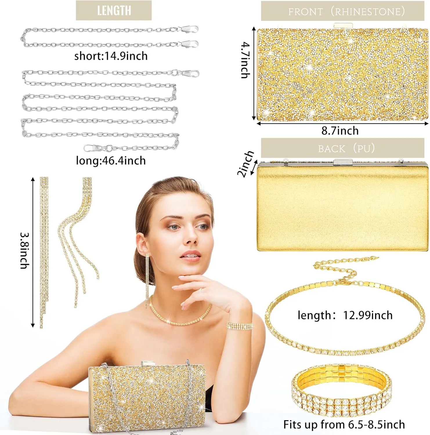 Kigeli 4 Pieces Women Rhinestone Evening Clutch Bag Rhinestone Ear Clip Bridal Wedding Choker Bracelet Dangle Bling Glitter Purse