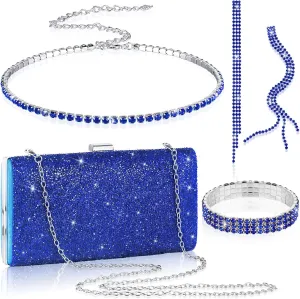 Kigeli 4 Pieces Women Rhinestone Evening Clutch Bag Rhinestone Ear Clip Bridal Wedding Choker Bracelet Dangle Bling Glitter Purse