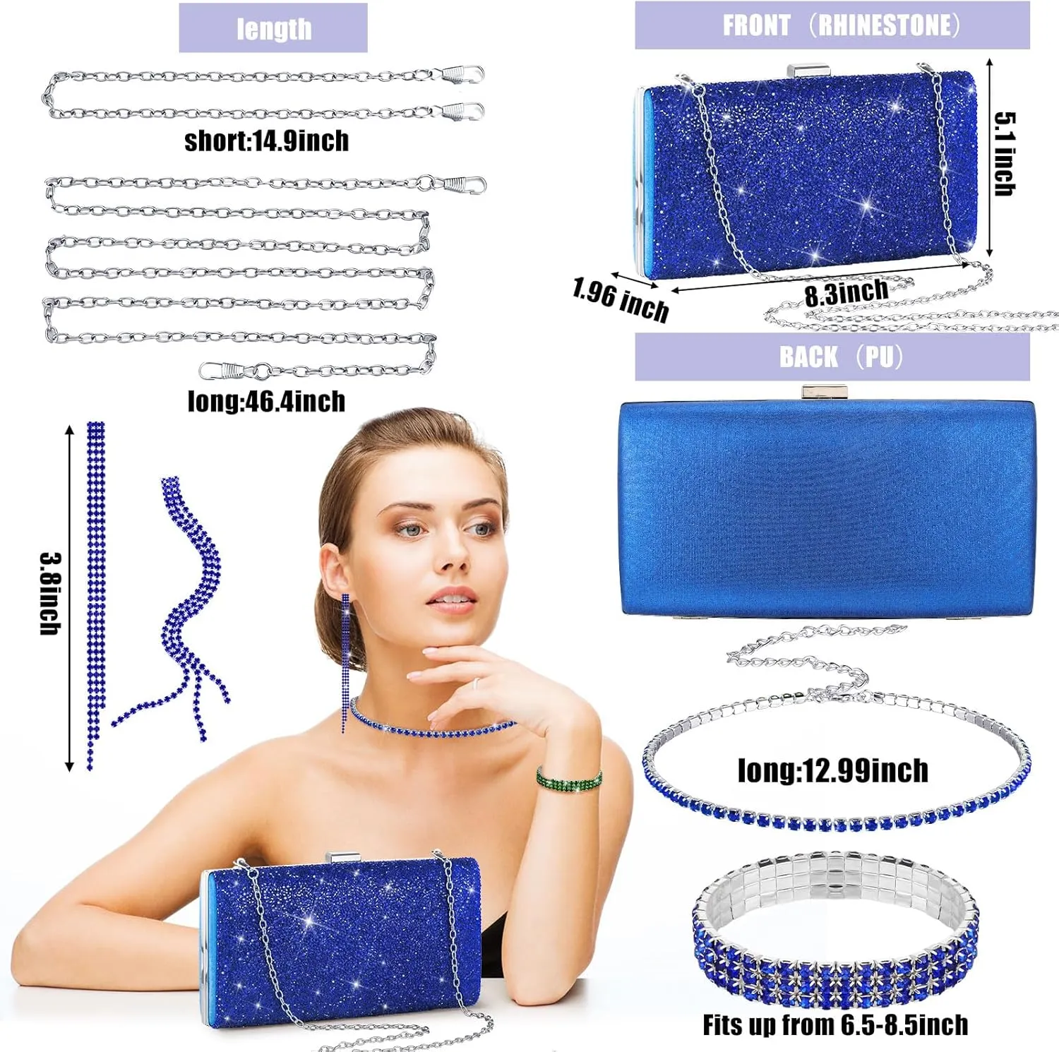Kigeli 4 Pieces Women Rhinestone Evening Clutch Bag Rhinestone Ear Clip Bridal Wedding Choker Bracelet Dangle Bling Glitter Purse