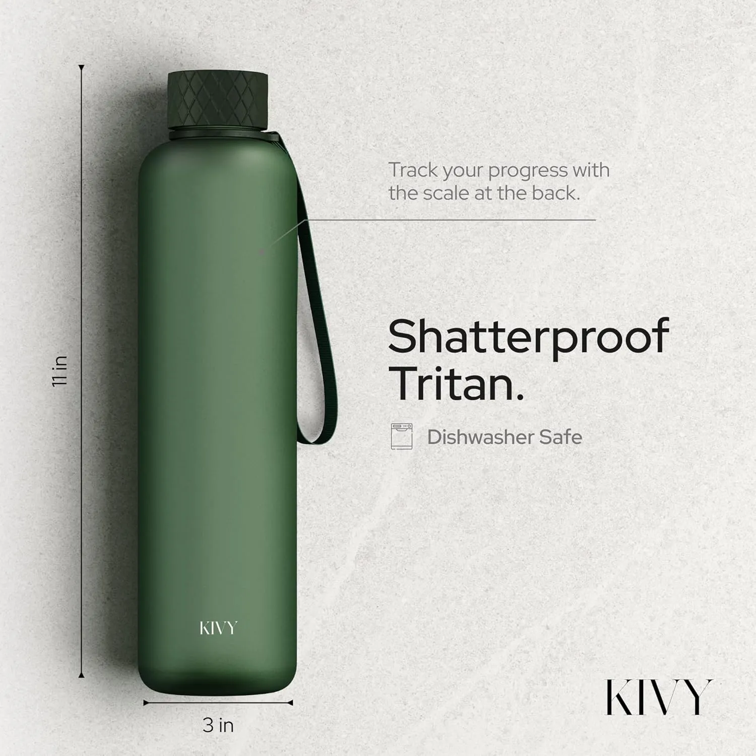 KIVY Slim Water Bottle 32oz [Lightweight & Shatterproof] Fits Backpack & Cupholder for Travel, Sports, School, Gym - Dark green water bottle no straw - Gym water bottle screw top - Dishwasher Safe