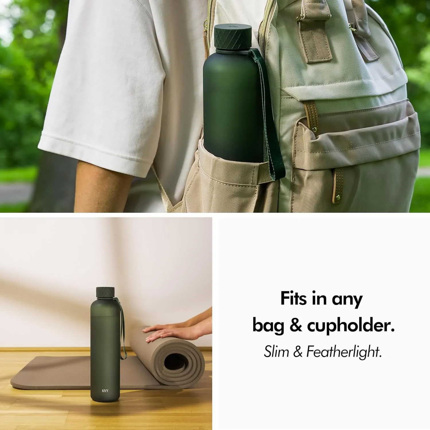 KIVY Slim Water Bottle 32oz [Lightweight & Shatterproof] Fits Backpack & Cupholder for Travel, Sports, School, Gym - Dark green water bottle no straw - Gym water bottle screw top - Dishwasher Safe