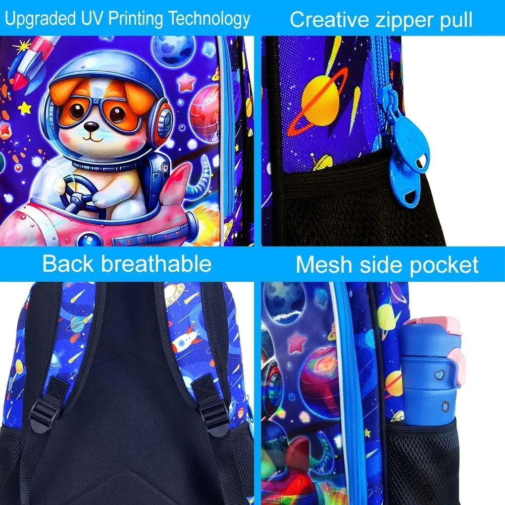 KLFVB 3PCS Boys Dog Backpack, Water Resistant Kids Space Bookbag with Lunch Box, 16" Preschool Backpacks for Elementary - Rocket Dog