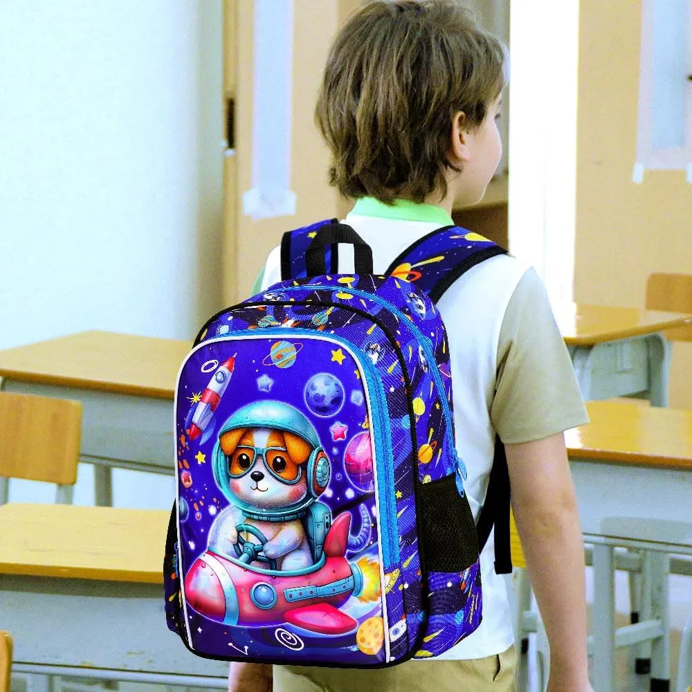 KLFVB 3PCS Boys Dog Backpack, Water Resistant Kids Space Bookbag with Lunch Box, 16" Preschool Backpacks for Elementary - Rocket Dog