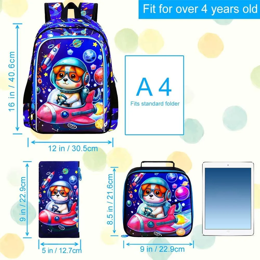 KLFVB 3PCS Boys Dog Backpack, Water Resistant Kids Space Bookbag with Lunch Box, 16" Preschool Backpacks for Elementary - Rocket Dog
