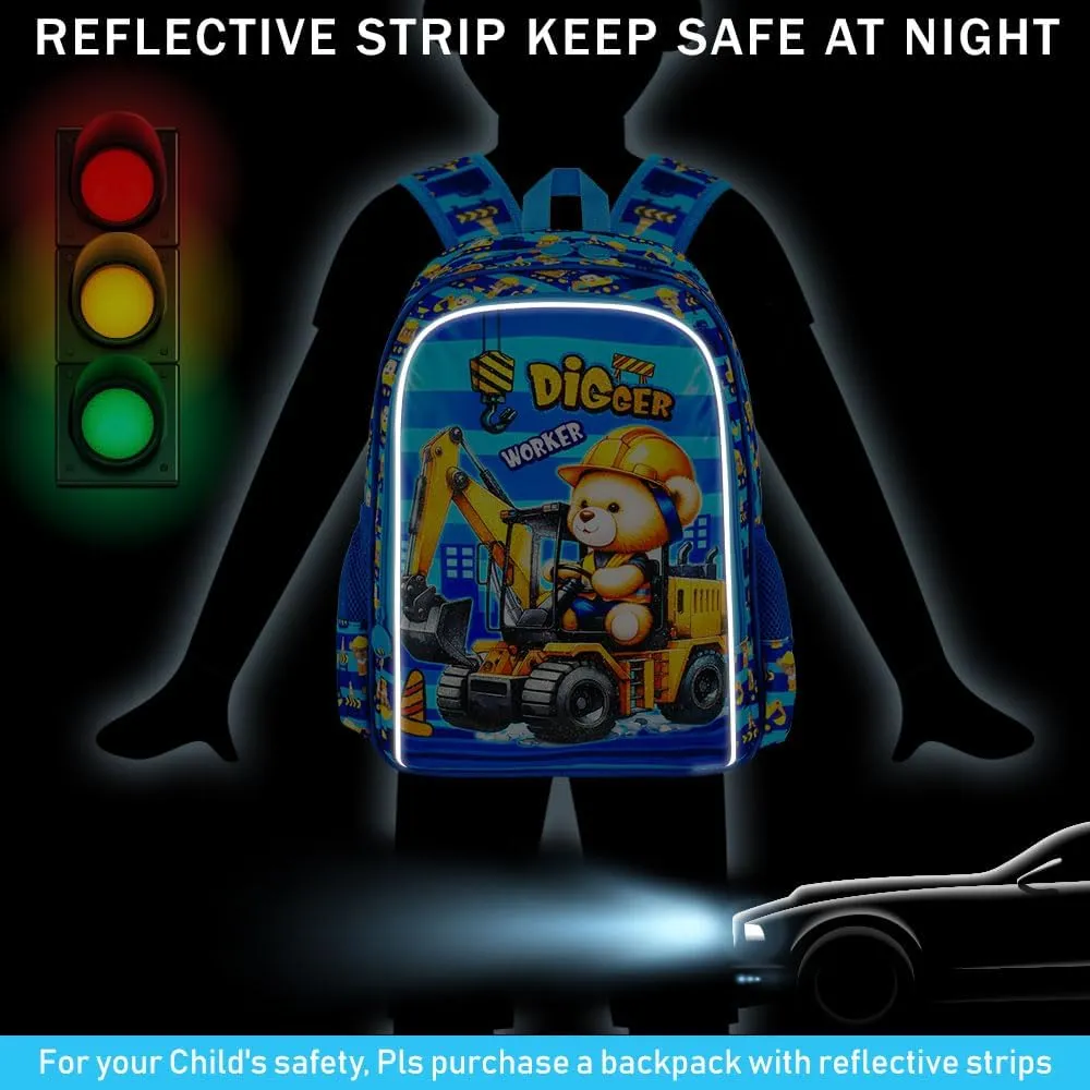 KLFVB 3PCS Boys Excavator Backpack, Water Resistant Kids Digger Bookbag with Lunch Box, 16" Preschool Backpacks for Elementary - Bear Excavator