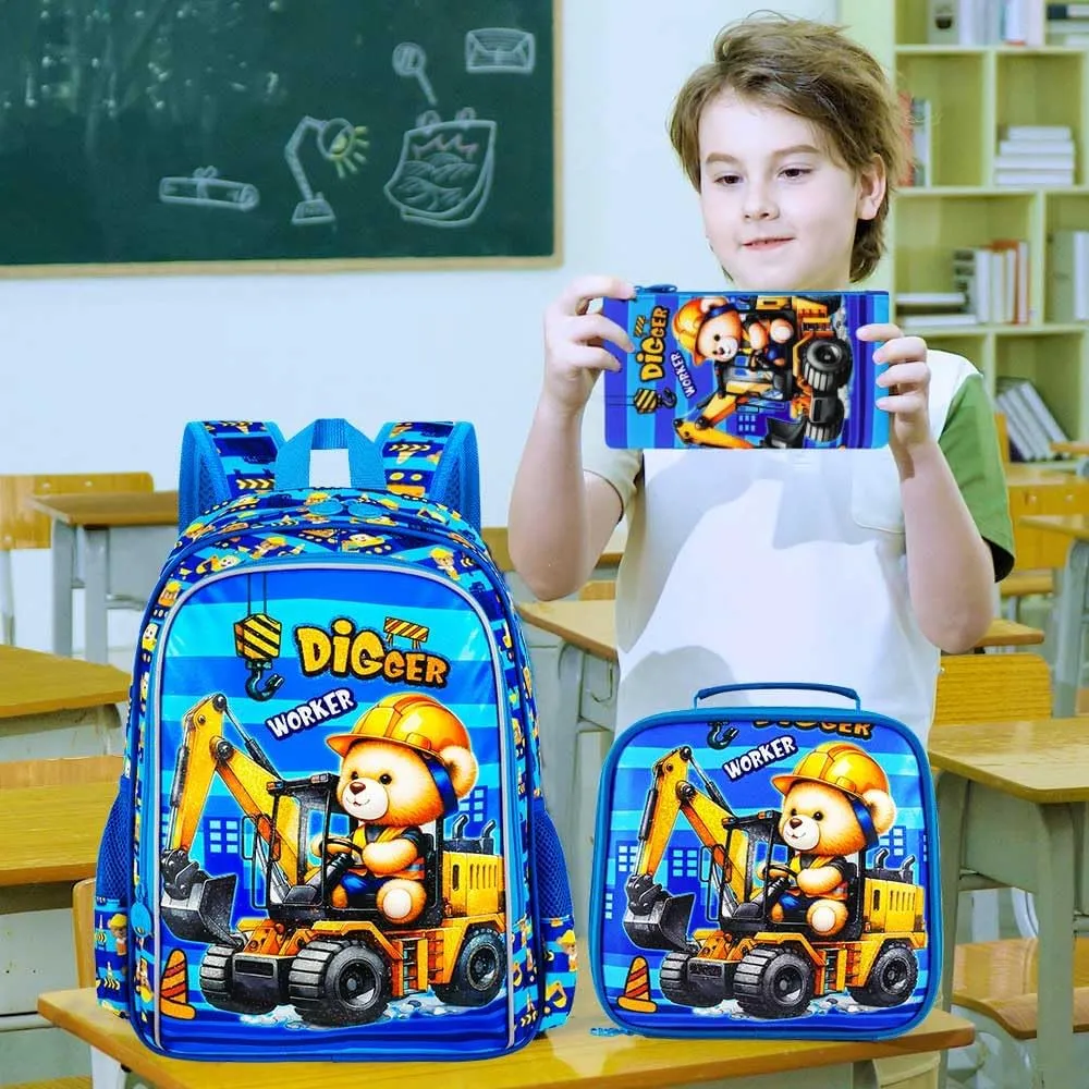 KLFVB 3PCS Boys Excavator Backpack, Water Resistant Kids Digger Bookbag with Lunch Box, 16" Preschool Backpacks for Elementary - Bear Excavator