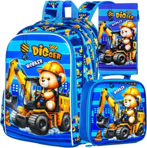 KLFVB 3PCS Boys Excavator Backpack, Water Resistant Kids Digger Bookbag with Lunch Box, 16" Preschool Backpacks for Elementary - Bear Excavator