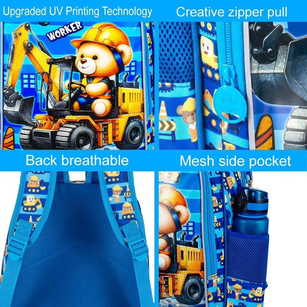 KLFVB 3PCS Boys Excavator Backpack, Water Resistant Kids Digger Bookbag with Lunch Box, 16" Preschool Backpacks for Elementary - Bear Excavator