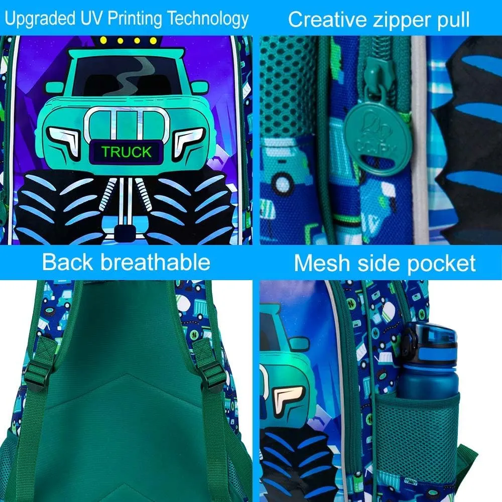 KLFVB 3PCS Boys Truck Bookbag, Water Resistant Kids Backpack with Lunch Box, 16" Preschool Backpacks for Elementary - Truck Green