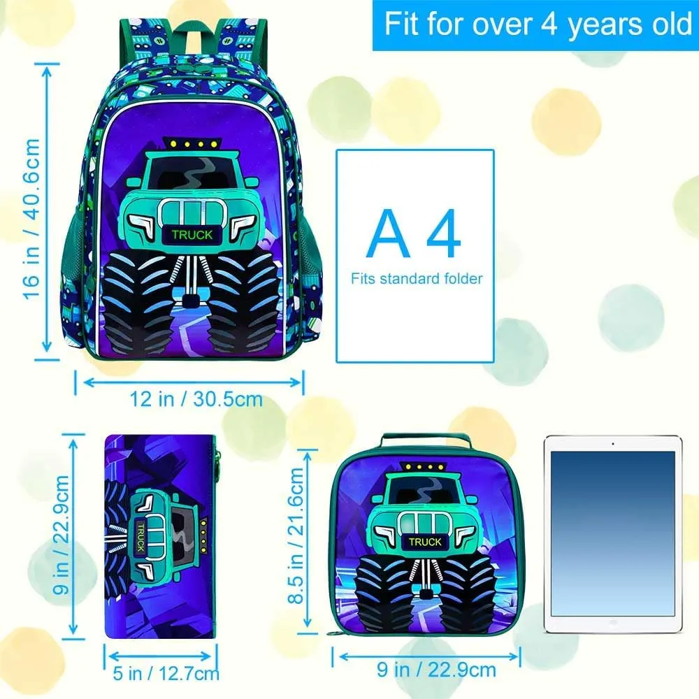 KLFVB 3PCS Boys Truck Bookbag, Water Resistant Kids Backpack with Lunch Box, 16" Preschool Backpacks for Elementary - Truck Green