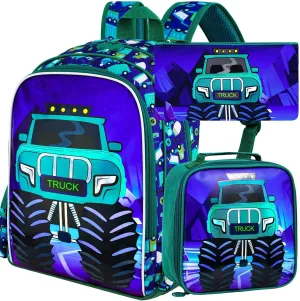 KLFVB 3PCS Boys Truck Bookbag, Water Resistant Kids Backpack with Lunch Box, 16" Preschool Backpacks for Elementary - Truck Green